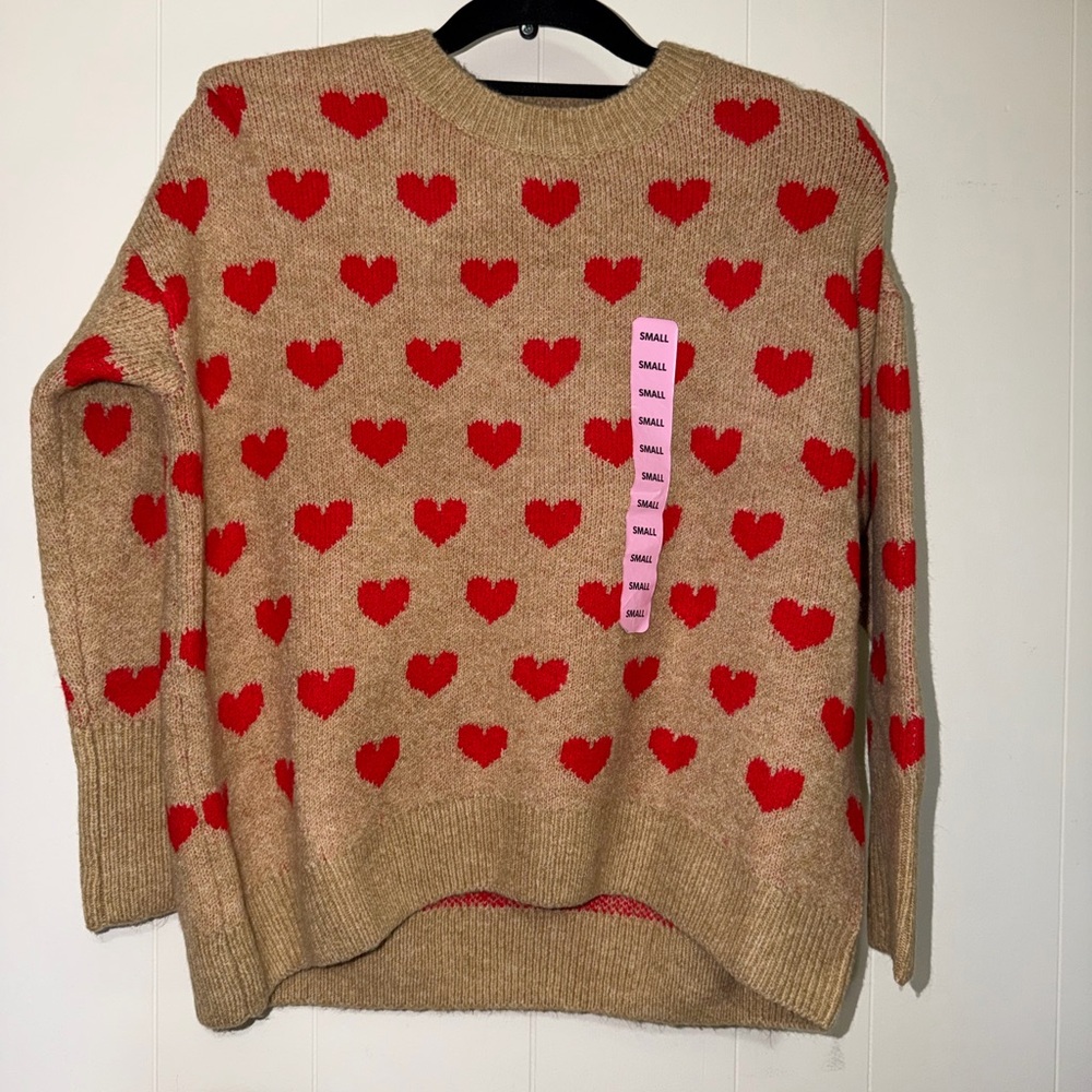 Vince Camuto Tan and Red Heart Sweater